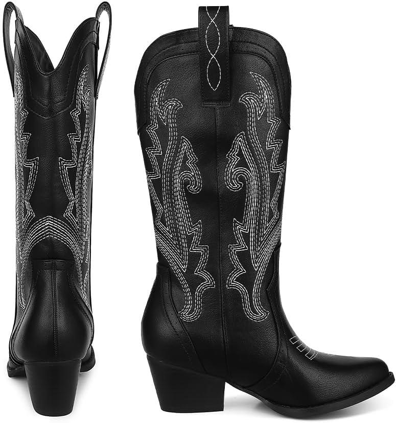 imageAOSPHIRAYLIAN Cowboy Boots for Women Retro Pointed Toe Pull On Block Chunky Heel Glitter Sparkly Metallic Embroidecamel Country Concert Outfits Calf Western Cowgirl BootsBlack