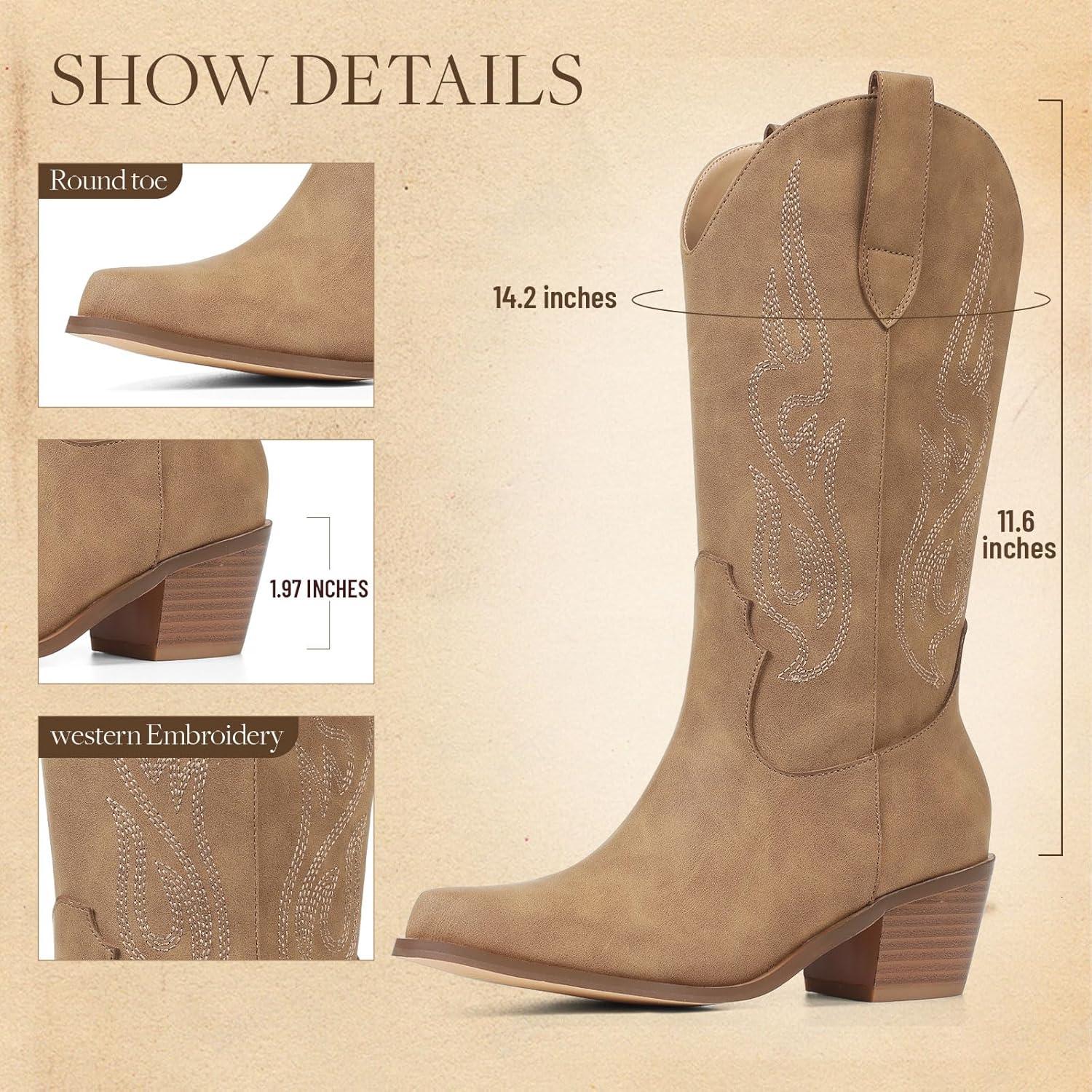 imageAOSPHIRAYLIAN Cowboy Boots for Women Retro Pointed Toe Pull On Block Chunky Heel Glitter Sparkly Metallic Embroidecamel Country Concert Outfits Calf Western Cowgirl BootsCamel