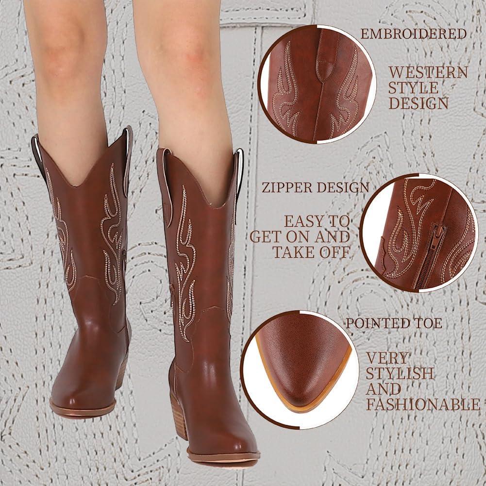 imageAOSPHIRAYLIAN Cowboy Boots for Women Retro Pointed Toe Pull On Block Chunky Heel Glitter Sparkly Metallic Embroidecamel Country Concert Outfits Calf Western Cowgirl BootsBrown