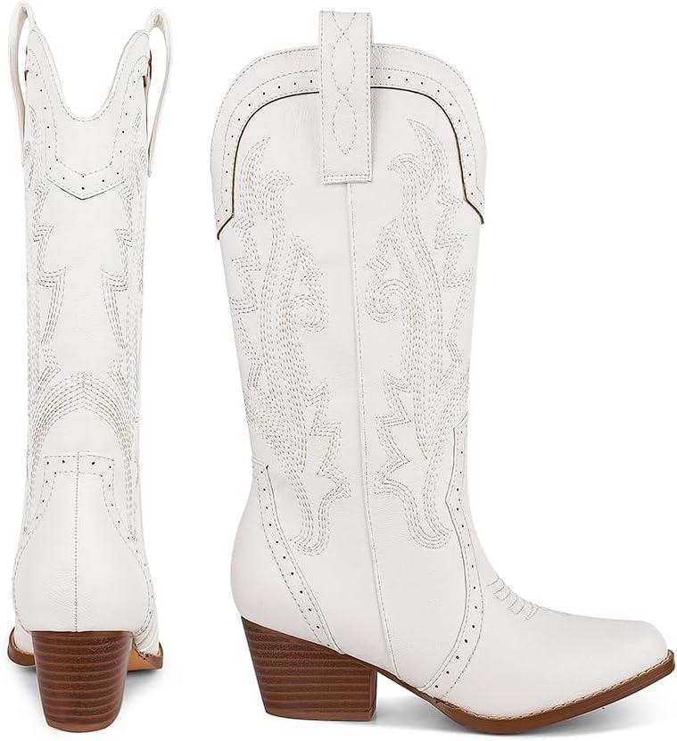 imageAOSPHIRAYLIAN Cowboy Boots for Women Retro Pointed Toe Pull On Block Chunky Heel Glitter Sparkly Metallic Embroidecamel Country Concert Outfits Calf Western Cowgirl BootsWhite