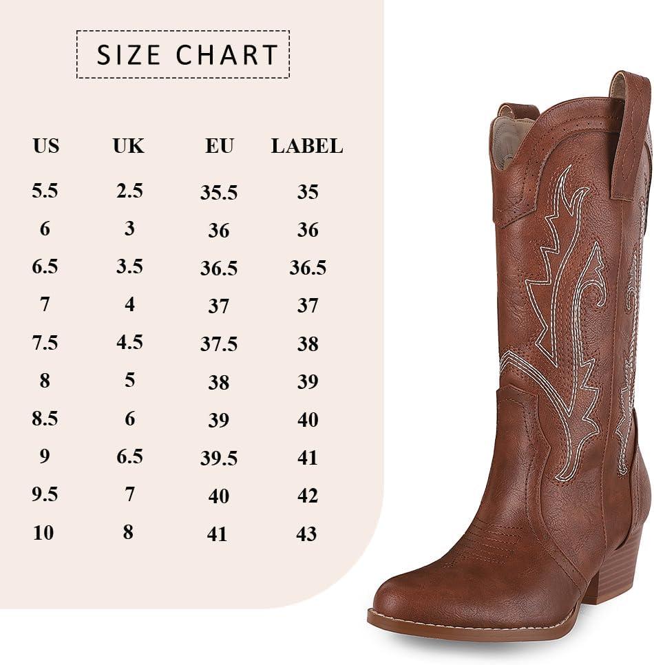 imageAOSPHIRAYLIAN Cowboy Boots for Women Retro Pointed Toe Pull On Block Chunky Heel Glitter Sparkly Metallic Embroidecamel Country Concert Outfits Calf Western Cowgirl BootsDark Brown