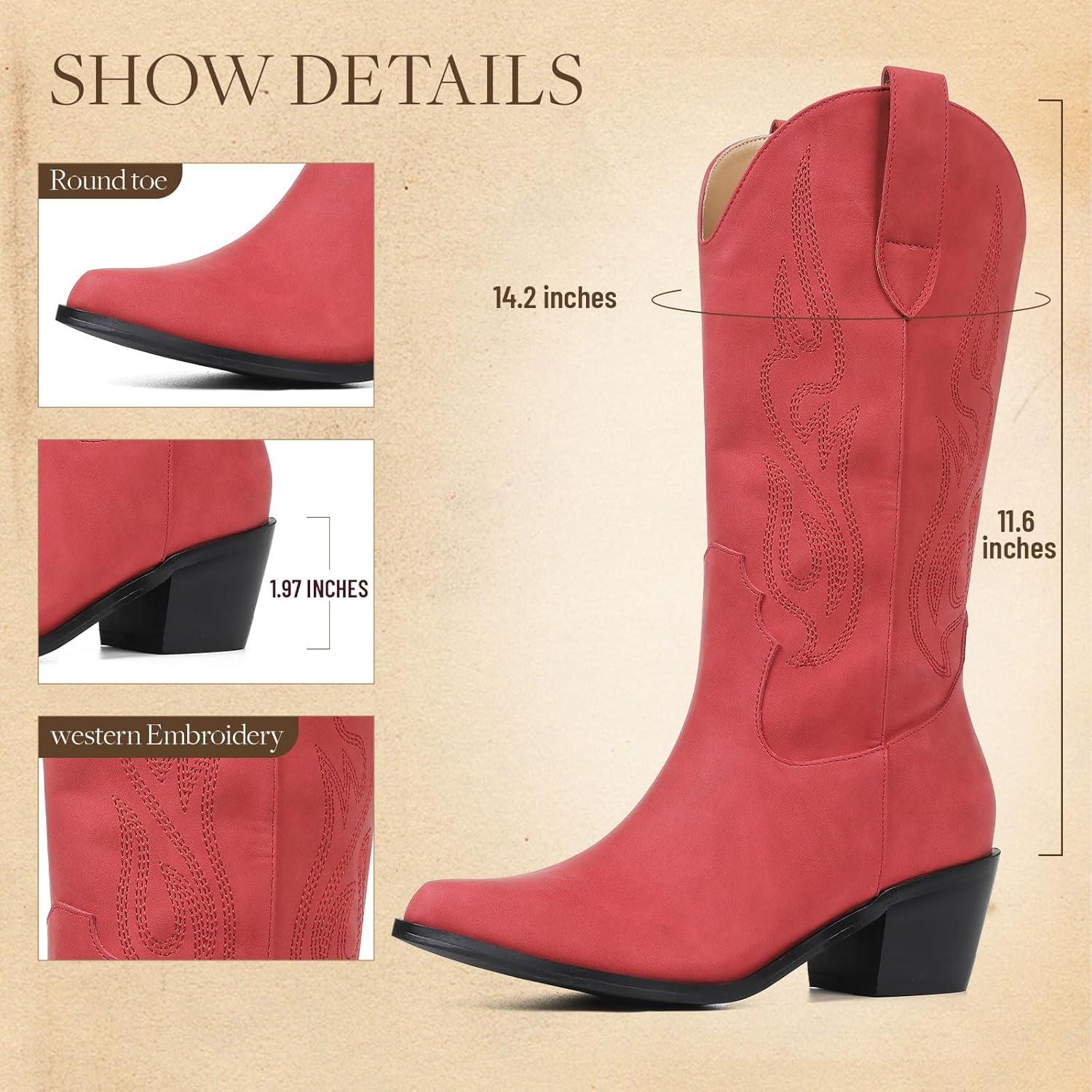 imageAOSPHIRAYLIAN Cowboy Boots for Women Retro Pointed Toe Pull On Block Chunky Heel Glitter Sparkly Metallic Embroidecamel Country Concert Outfits Calf Western Cowgirl BootsRedmatte