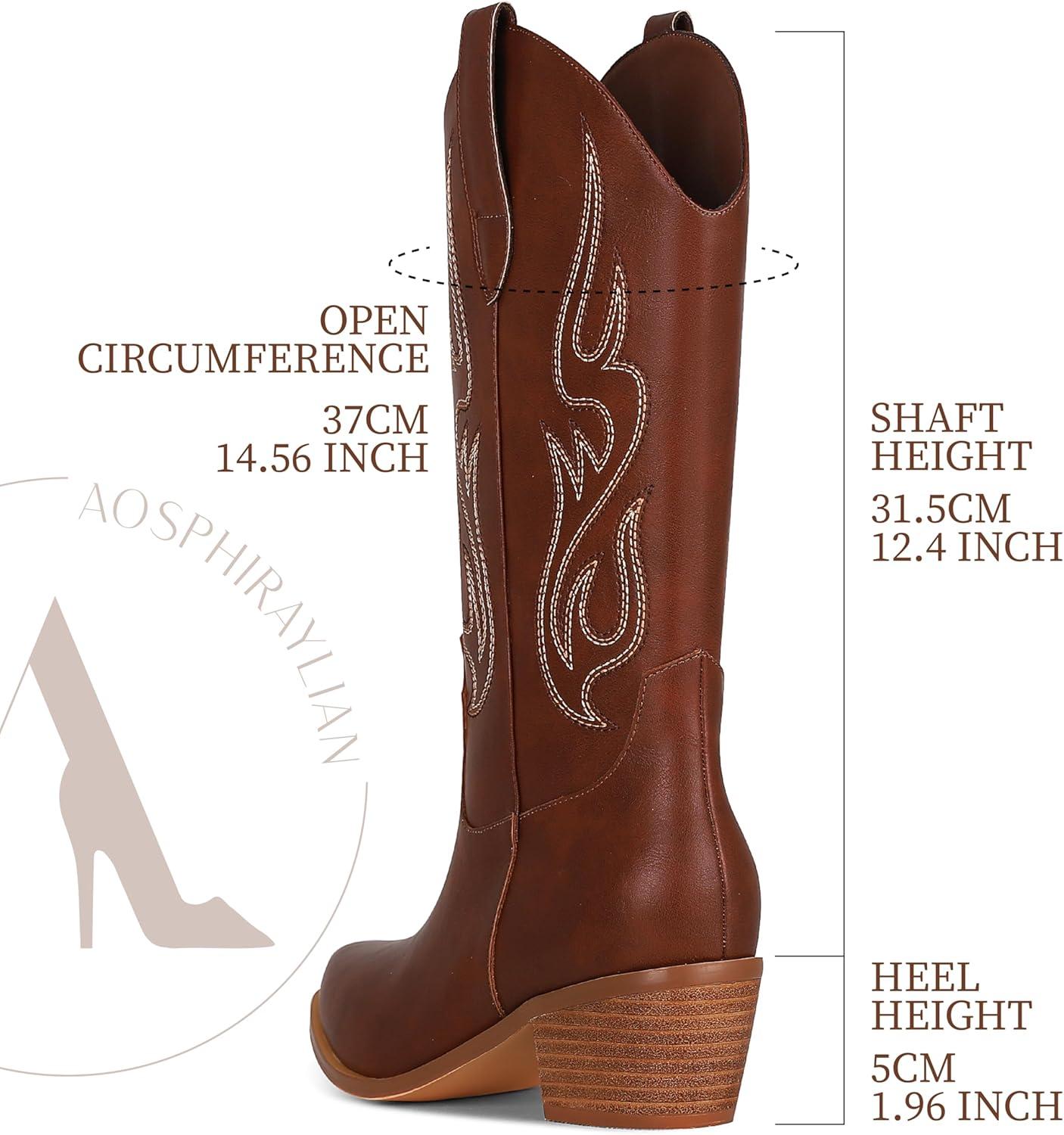 imageAOSPHIRAYLIAN Cowboy Boots for Women Retro Pointed Toe Pull On Block Chunky Heel Glitter Sparkly Metallic Embroidecamel Country Concert Outfits Calf Western Cowgirl BootsBrown
