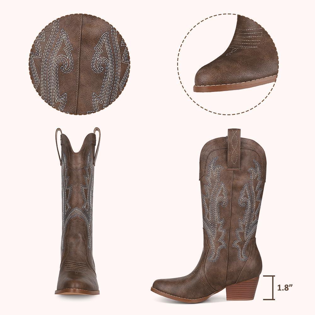 imageAOSPHIRAYLIAN Cowboy Boots for Women Retro Pointed Toe Pull On Block Chunky Heel Glitter Sparkly Metallic Embroidecamel Country Concert Outfits Calf Western Cowgirl BootsKhaki