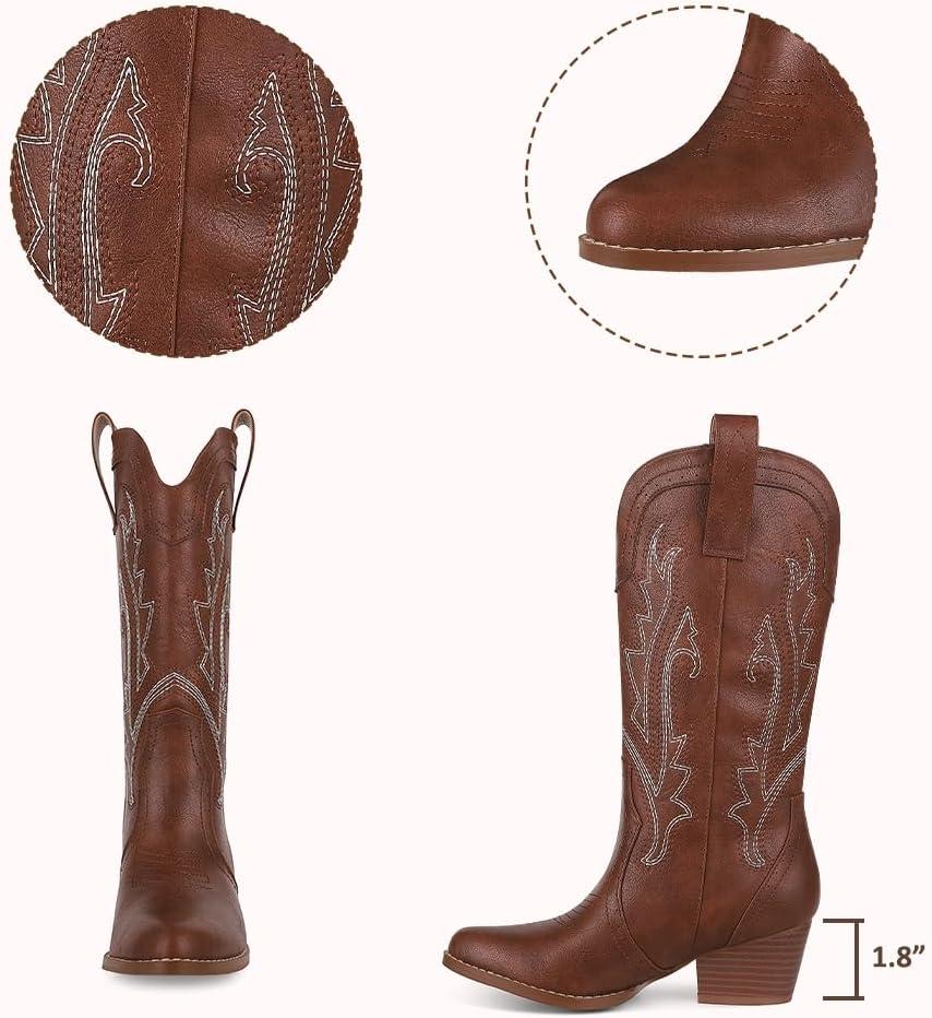 imageAOSPHIRAYLIAN Cowboy Boots for Women Retro Pointed Toe Pull On Block Chunky Heel Glitter Sparkly Metallic Embroidecamel Country Concert Outfits Calf Western Cowgirl BootsDark Brown