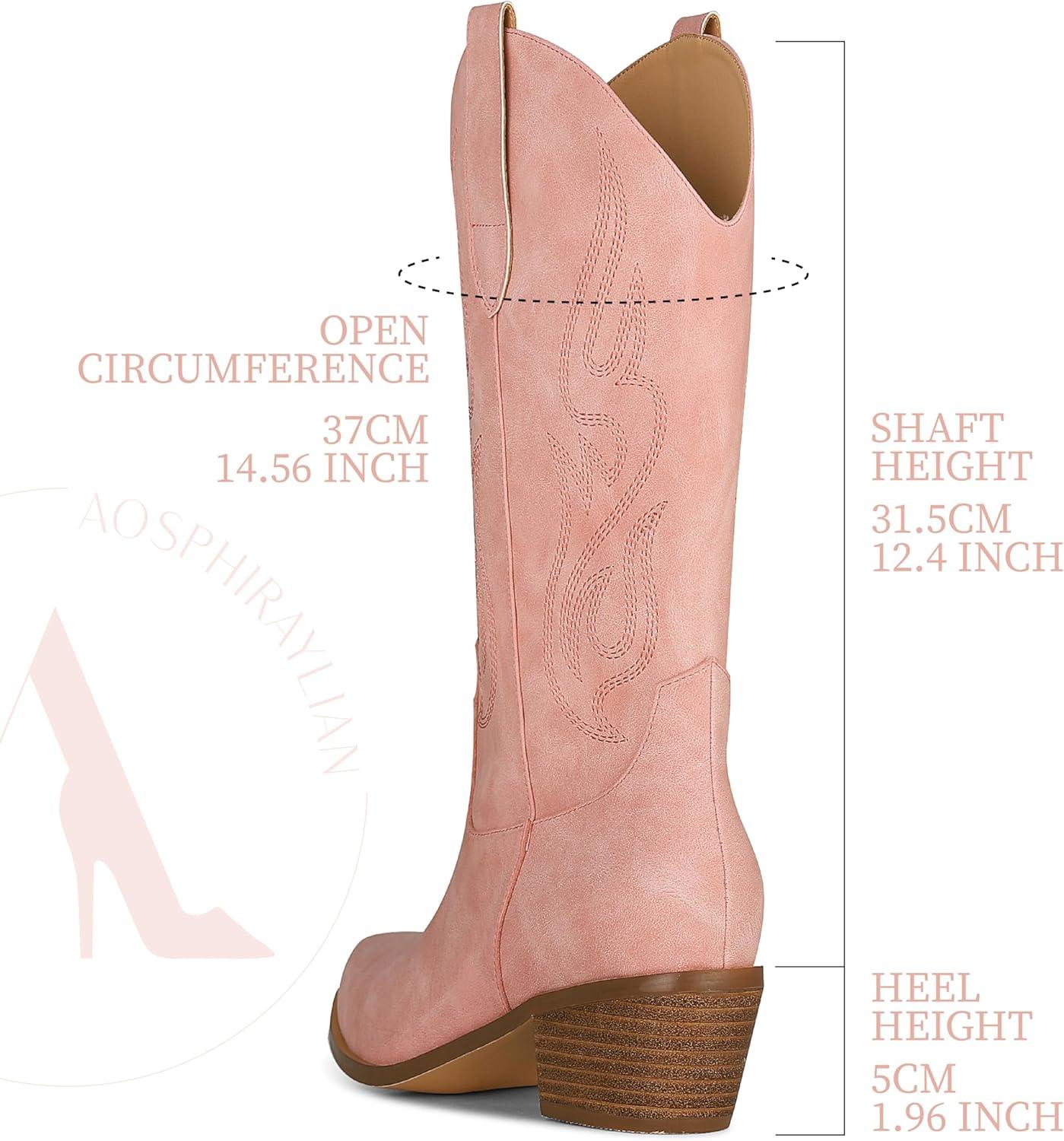 imageAOSPHIRAYLIAN Cowboy Boots for Women Retro Pointed Toe Pull On Block Chunky Heel Glitter Sparkly Metallic Embroidecamel Country Concert Outfits Calf Western Cowgirl BootsPink