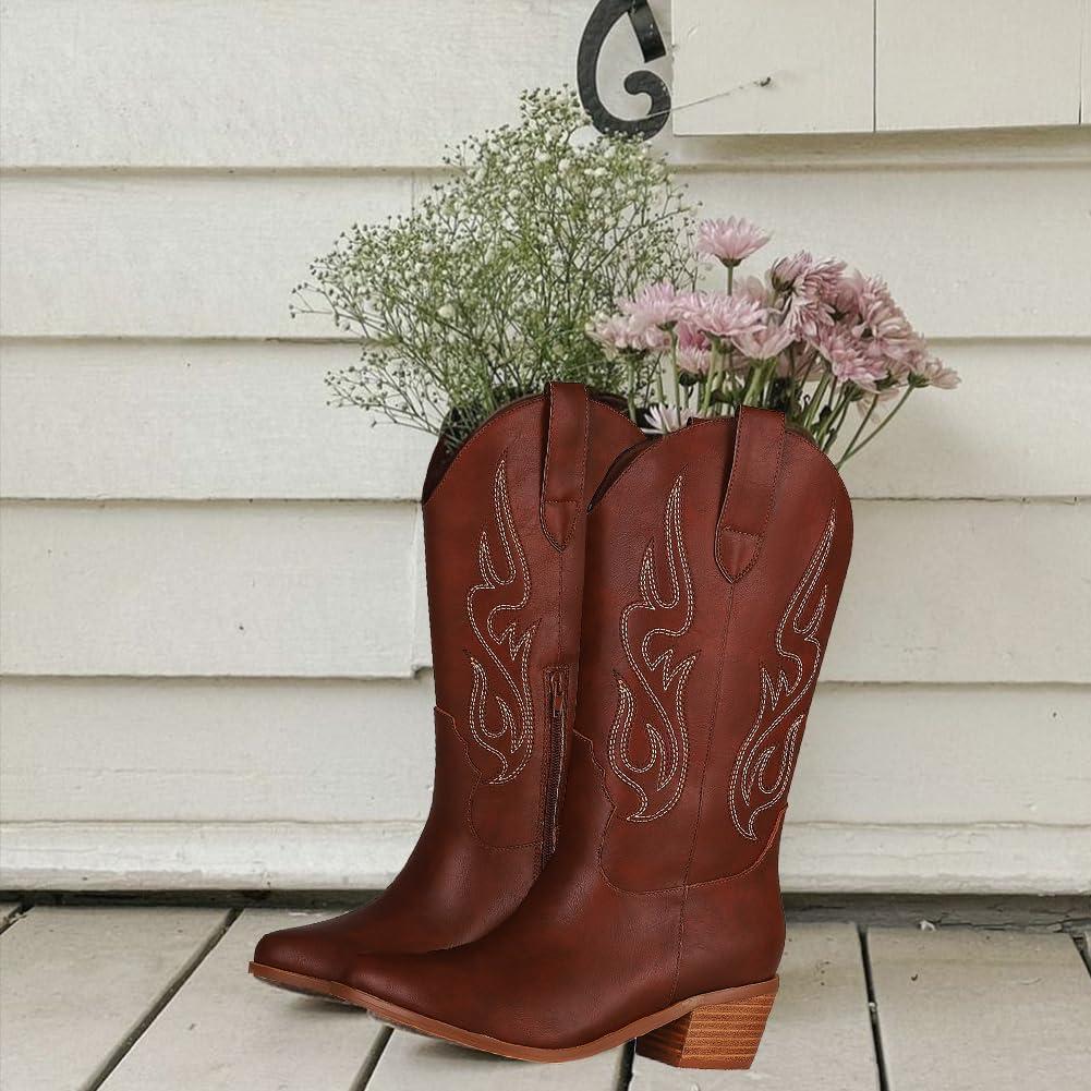 imageAOSPHIRAYLIAN Cowboy Boots for Women Retro Pointed Toe Pull On Block Chunky Heel Glitter Sparkly Metallic Embroidecamel Country Concert Outfits Calf Western Cowgirl BootsBrown