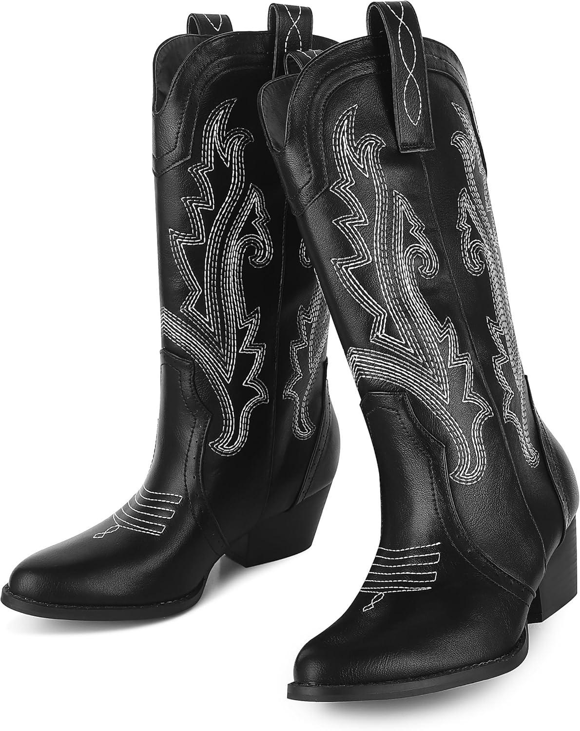 imageAOSPHIRAYLIAN Cowboy Boots for Women Retro Pointed Toe Pull On Block Chunky Heel Glitter Sparkly Metallic Embroidecamel Country Concert Outfits Calf Western Cowgirl BootsBlack