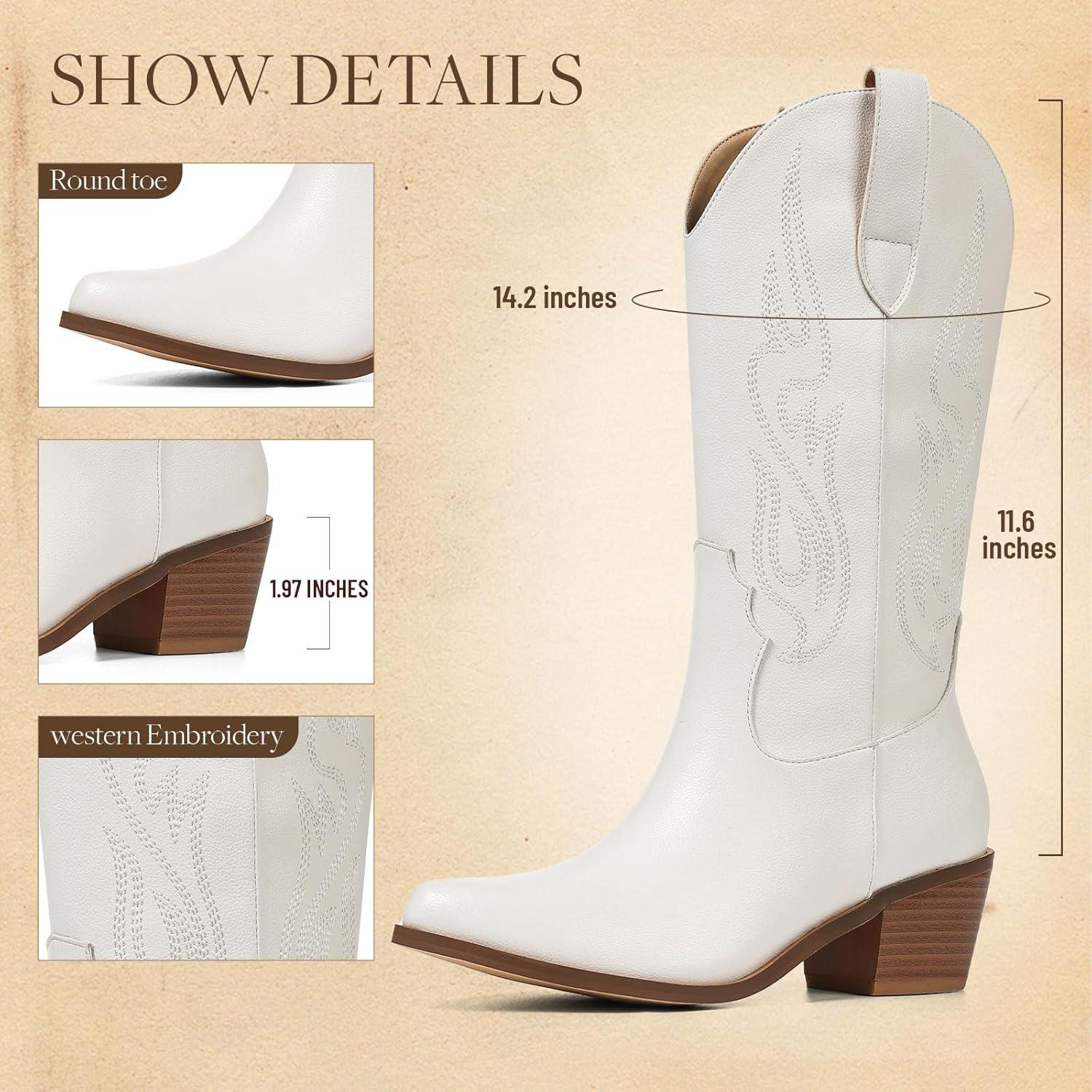 imageAOSPHIRAYLIAN Cowboy Boots for Women Retro Pointed Toe Pull On Block Chunky Heel Glitter Sparkly Metallic Embroidecamel Country Concert Outfits Calf Western Cowgirl BootsWhite Matte