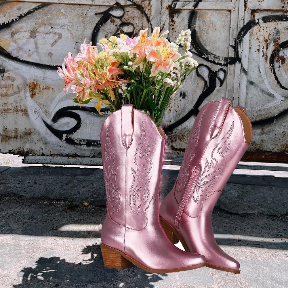 imageAOSPHIRAYLIAN Cowboy Boots for Women Retro Pointed Toe Pull On Block Chunky Heel Glitter Sparkly Metallic Embroidecamel Country Concert Outfits Calf Western Cowgirl BootsMetallic Pink