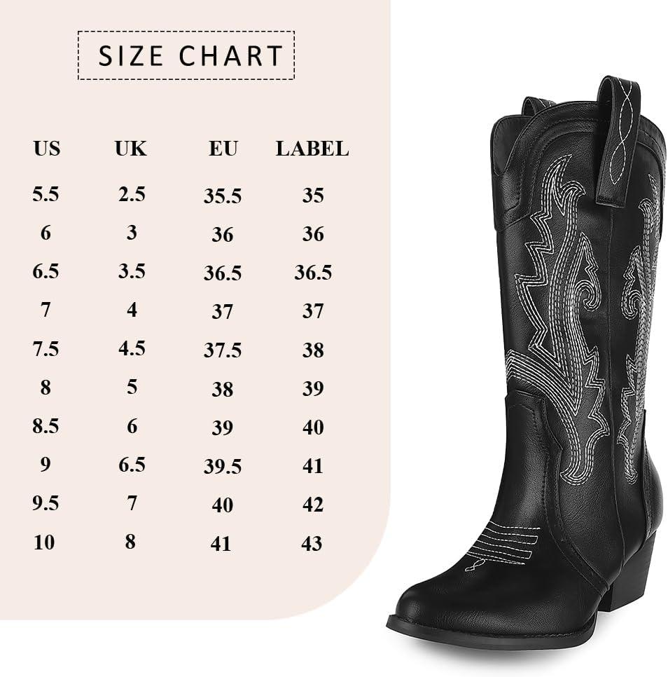 imageAOSPHIRAYLIAN Cowboy Boots for Women Retro Pointed Toe Pull On Block Chunky Heel Glitter Sparkly Metallic Embroidecamel Country Concert Outfits Calf Western Cowgirl BootsBlack