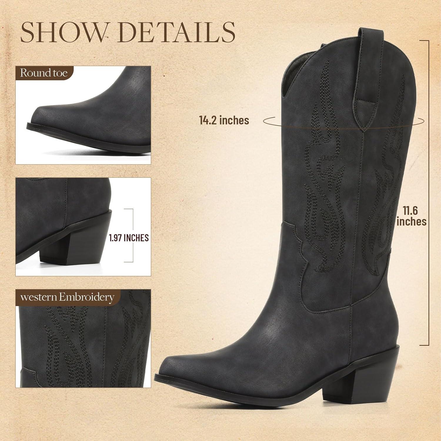 imageAOSPHIRAYLIAN Cowboy Boots for Women Retro Pointed Toe Pull On Block Chunky Heel Glitter Sparkly Metallic Embroidecamel Country Concert Outfits Calf Western Cowgirl BootsBlack Matte