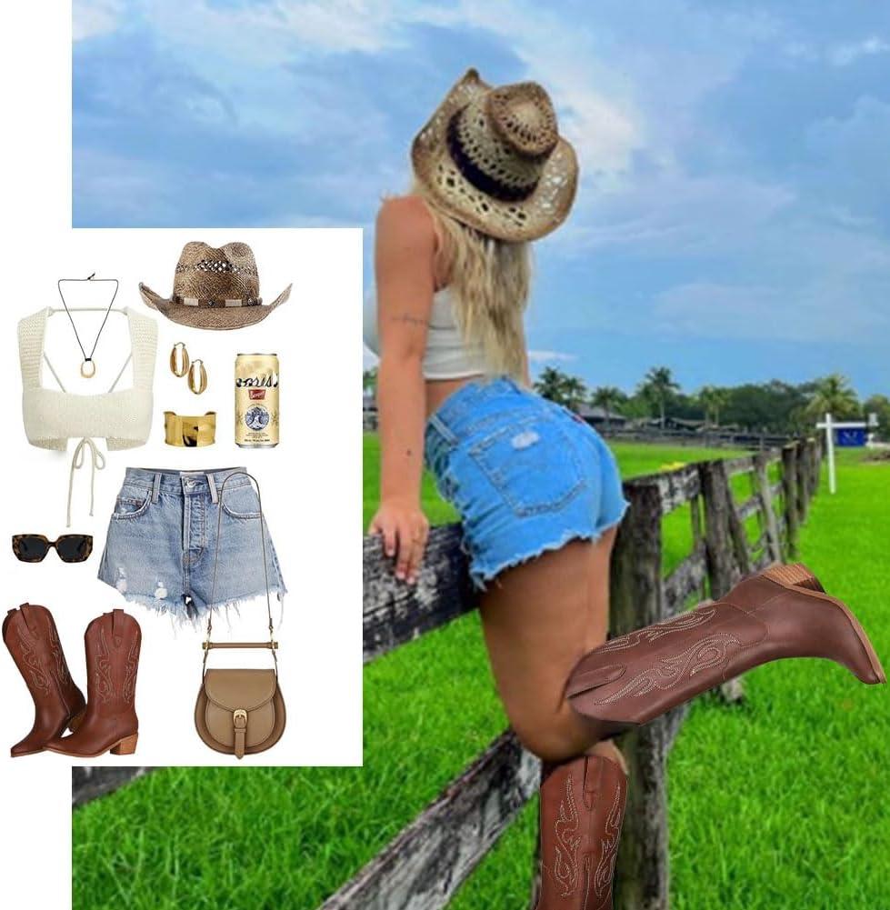 imageAOSPHIRAYLIAN Cowboy Boots for Women Retro Pointed Toe Pull On Block Chunky Heel Glitter Sparkly Metallic Embroidecamel Country Concert Outfits Calf Western Cowgirl BootsBrown