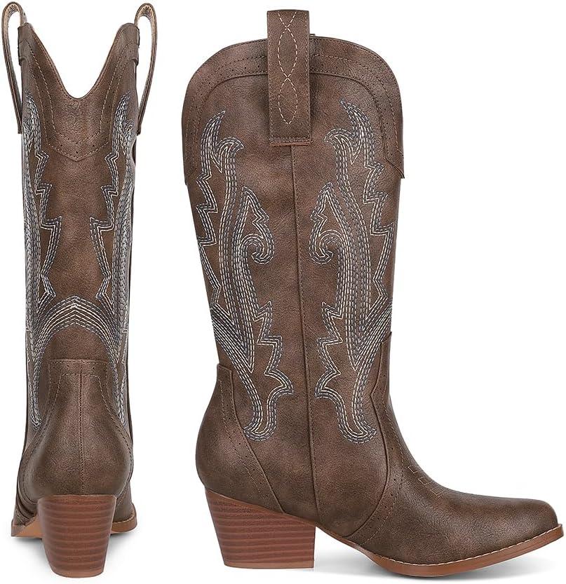 imageAOSPHIRAYLIAN Cowboy Boots for Women Retro Pointed Toe Pull On Block Chunky Heel Glitter Sparkly Metallic Embroidecamel Country Concert Outfits Calf Western Cowgirl BootsKhaki