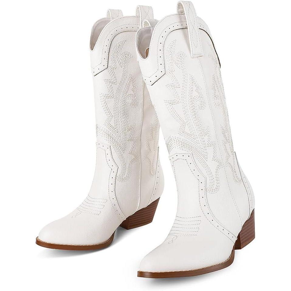 imageAOSPHIRAYLIAN Cowboy Boots for Women Retro Pointed Toe Pull On Block Chunky Heel Glitter Sparkly Metallic Embroidecamel Country Concert Outfits Calf Western Cowgirl BootsWhite