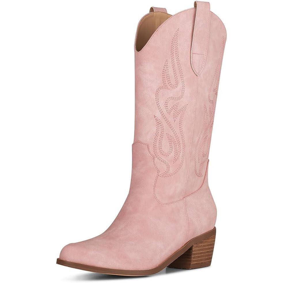 imageAOSPHIRAYLIAN Cowboy Boots for Women Retro Pointed Toe Pull On Block Chunky Heel Glitter Sparkly Metallic Embroidecamel Country Concert Outfits Calf Western Cowgirl BootsPink