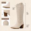 imageAOSPHIRAYLIAN Cowboy Boots for Women Pointed Toe Knee High Cowboy Boots Women Wide Calf Cowgirl Western Embroidery Pull On Chunky Block High Heels BootBeige