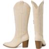 imageAOSPHIRAYLIAN Cowboy Boots for Women Pointed Toe Knee High Cowboy Boots Women Wide Calf Cowgirl Western Embroidery Pull On Chunky Block High Heels BootBeige