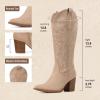 imageAOSPHIRAYLIAN Cowboy Boots for Women Pointed Toe Knee High Cowboy Boots Women Wide Calf Cowgirl Western Embroidery Pull On Chunky Block High Heels BootApricot