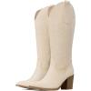 imageAOSPHIRAYLIAN Cowboy Boots for Women Pointed Toe Knee High Cowboy Boots Women Wide Calf Cowgirl Western Embroidery Pull On Chunky Block High Heels BootBeige