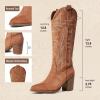 imageAOSPHIRAYLIAN Cowboy Boots for Women Pointed Toe Knee High Cowboy Boots Women Wide Calf Cowgirl Western Embroidery Pull On Chunky Block High Heels BootBrownsuede