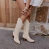 imageAOSPHIRAYLIAN Cowboy Boots for Women Pointed Toe Knee High Cowboy Boots Women Wide Calf Cowgirl Western Embroidery Pull On Chunky Block High Heels BootBeige