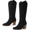 imageAOSPHIRAYLIAN Cowboy Boots for Women Pointed Toe Knee High Cowboy Boots Women Wide Calf Cowgirl Western Embroidery Pull On Chunky Block High Heels BootBlacksuede