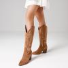 imageAOSPHIRAYLIAN Cowboy Boots for Women Pointed Toe Knee High Cowboy Boots Women Wide Calf Cowgirl Western Embroidery Pull On Chunky Block High Heels BootBrownsuede