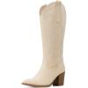 imageAOSPHIRAYLIAN Cowboy Boots for Women Pointed Toe Knee High Cowboy Boots Women Wide Calf Cowgirl Western Embroidery Pull On Chunky Block High Heels BootBeige