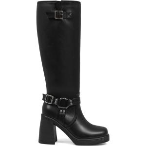 imageAOSPHIRAYLIAN Knee High Boots Chunky Heel Buckle Calf Boots Womens Square Toe Fashion Shoes with ZipperBlack