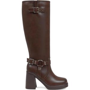 imageAOSPHIRAYLIAN Knee High Boots Chunky Heel Buckle Calf Boots Womens Square Toe Fashion Shoes with ZipperBrown