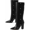image:imageAOSPHIRAYLIAN Fold Over Boots for Women Knee High Calf Boots Pointed Toe Tall Leather Chunky Heel Fashion Dress Womens ShoesBlack