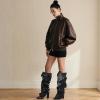 image:imageAOSPHIRAYLIAN Fold Over Boots for Women Knee High Calf Boots Pointed Toe Tall Leather Chunky Heel Fashion Dress Womens ShoesBlack