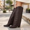 image:imageAOSPHIRAYLIAN Shark Boots for Women Fold Over Knee High Snip Toe Cowboy Boots Chunky Heel Studded Pull On Classic Fashion Party Dress Cowgirl BootChocolate
