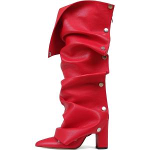 image:imageAOSPHIRAYLIAN Fold Over Boots for Women Knee High Calf Boots Pointed Toe Tall Leather Chunky Heel Fashion Dress Womens ShoesRed