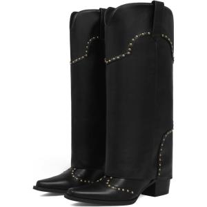 image:imageAOSPHIRAYLIAN Shark Boots for Women Fold Over Knee High Snip Toe Cowboy Boots Chunky Heel Studded Pull On Classic Fashion Party Dress Cowgirl BootBlack