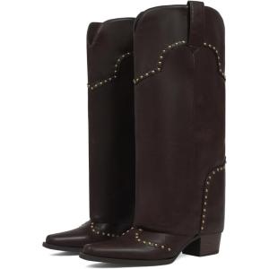 image:imageAOSPHIRAYLIAN Shark Boots for Women Fold Over Knee High Snip Toe Cowboy Boots Chunky Heel Studded Pull On Classic Fashion Party Dress Cowgirl BootChocolate